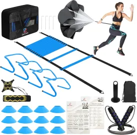 11-in-1 Agility Ladder Speed Training Equipment Kit-20ft Soccer Ladder, 4 Adjustable Hurdles, Ball Kick Trainer, 12 Cones, Resistance Parachute and Carry Bag for Kids, Youth and Adults