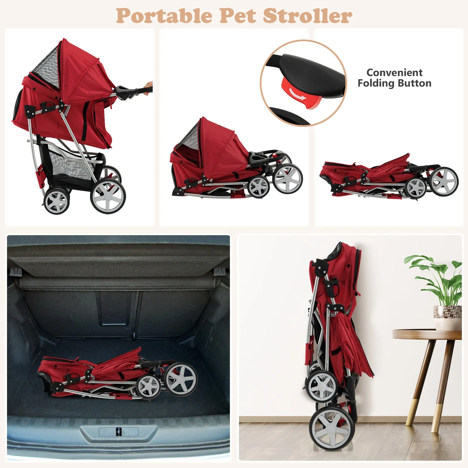 4-Wheel Folding Pet Stroller with Storage Basket and Adjustable Canopy-Red