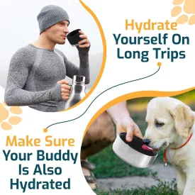 40oz Stainless Steel Water Bottle with Detachable Bowl and Cup Lid, Insulated Travel Bottle with Pet Water Bowl