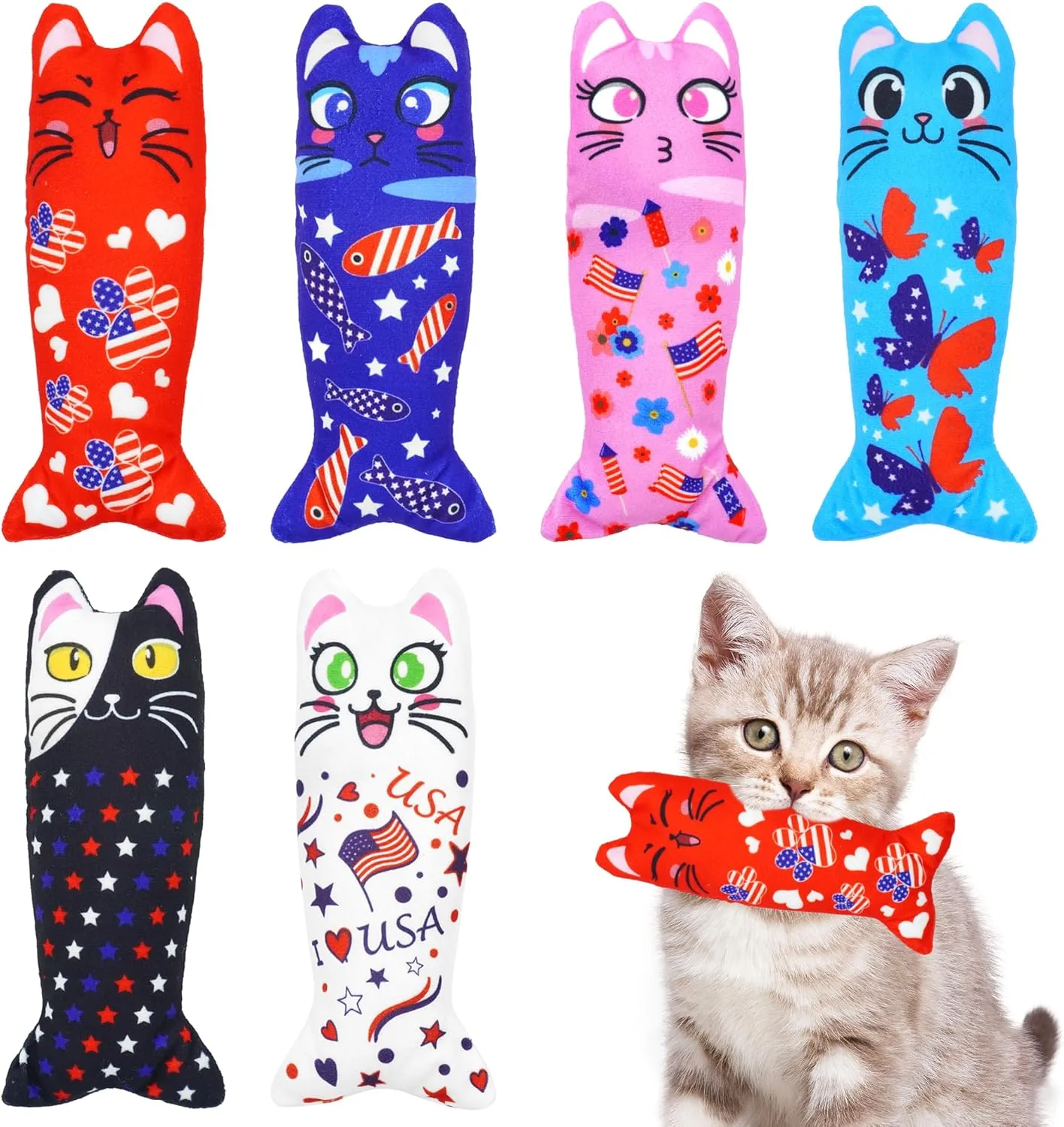 4th of July Cat Toys for Indoor Cats Patriotic Catnip Cat-Fish Plush Toys Independence Day Large Kitten Chewing Kicker Toy 6 PCS