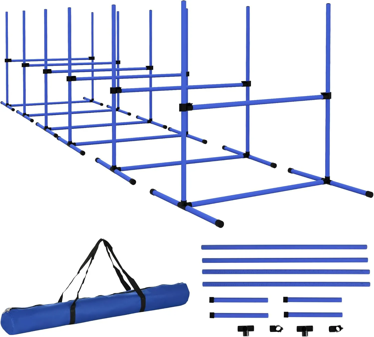 6 Piece Dog Agility Training Equipment Set with Adjustable Height Jump Bars, Carry Bag & Displacing Top Bar, Blue