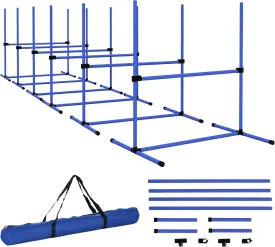6 Piece Dog Agility Training Equipment Set with Adjustable Height Jump Bars, Carry Bag & Displacing Top Bar, Blue