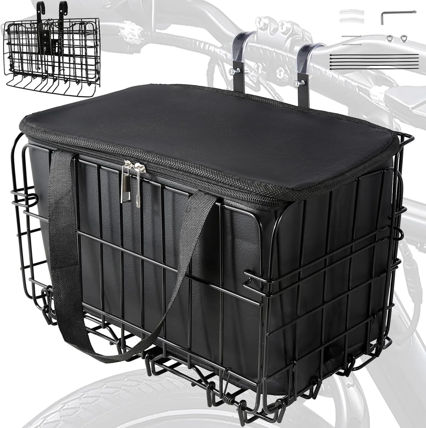 Bike Basket Front, Folding Bicycle Basket with Removable Waterproof Liner Bag,Quick Release Design,Rear Hanging Cargo Rack,Bike Accessories Frame Basket for Adult Women Men Carrying Dogs,Pet,Grocery