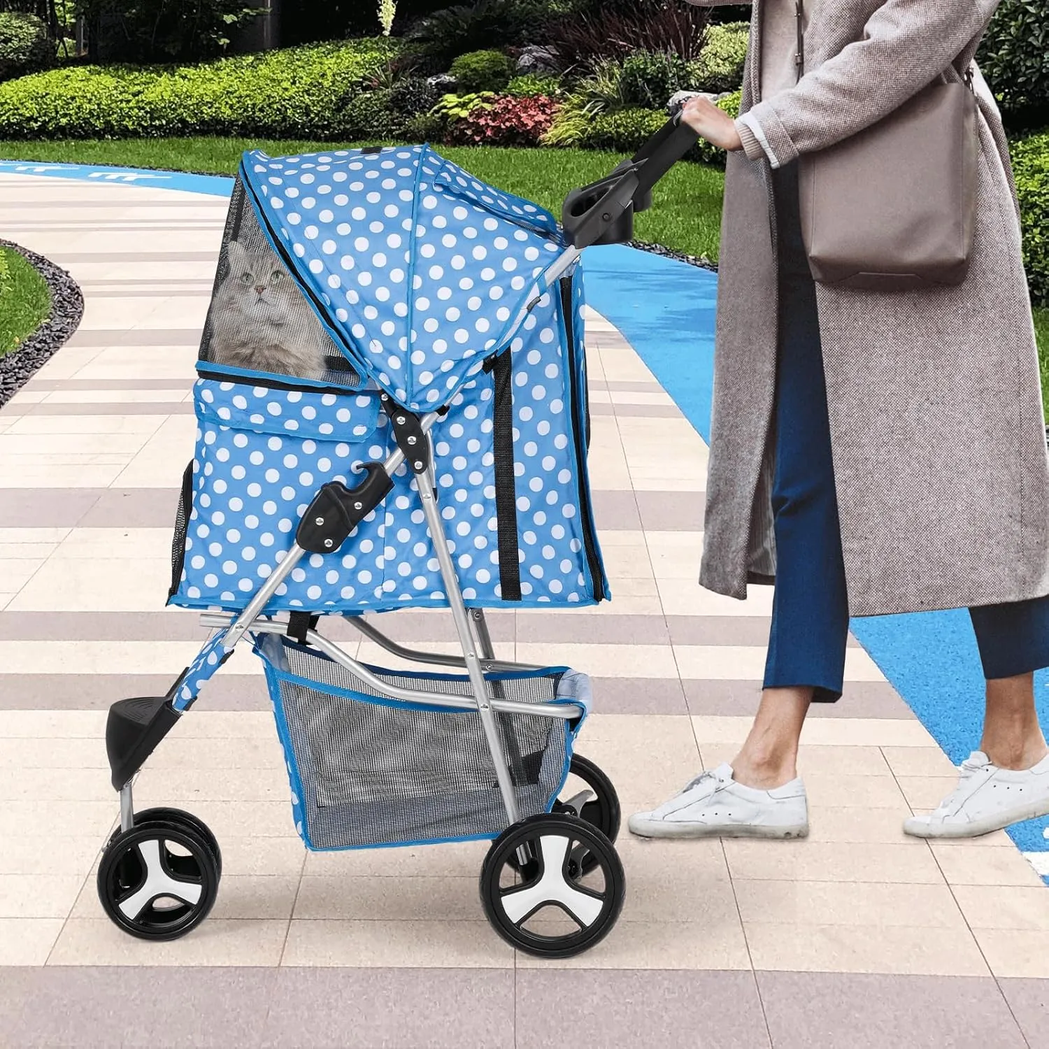 Cat Dog Stroller,3-Wheels Pet Stroller for Medium/Puppy Dogs 30 Lbs, Cat Strollers for 1 Cats, Foldable Dog Stroller with Storage Basket and Cup Holder, Breathable Mesh Blue Polka Dots