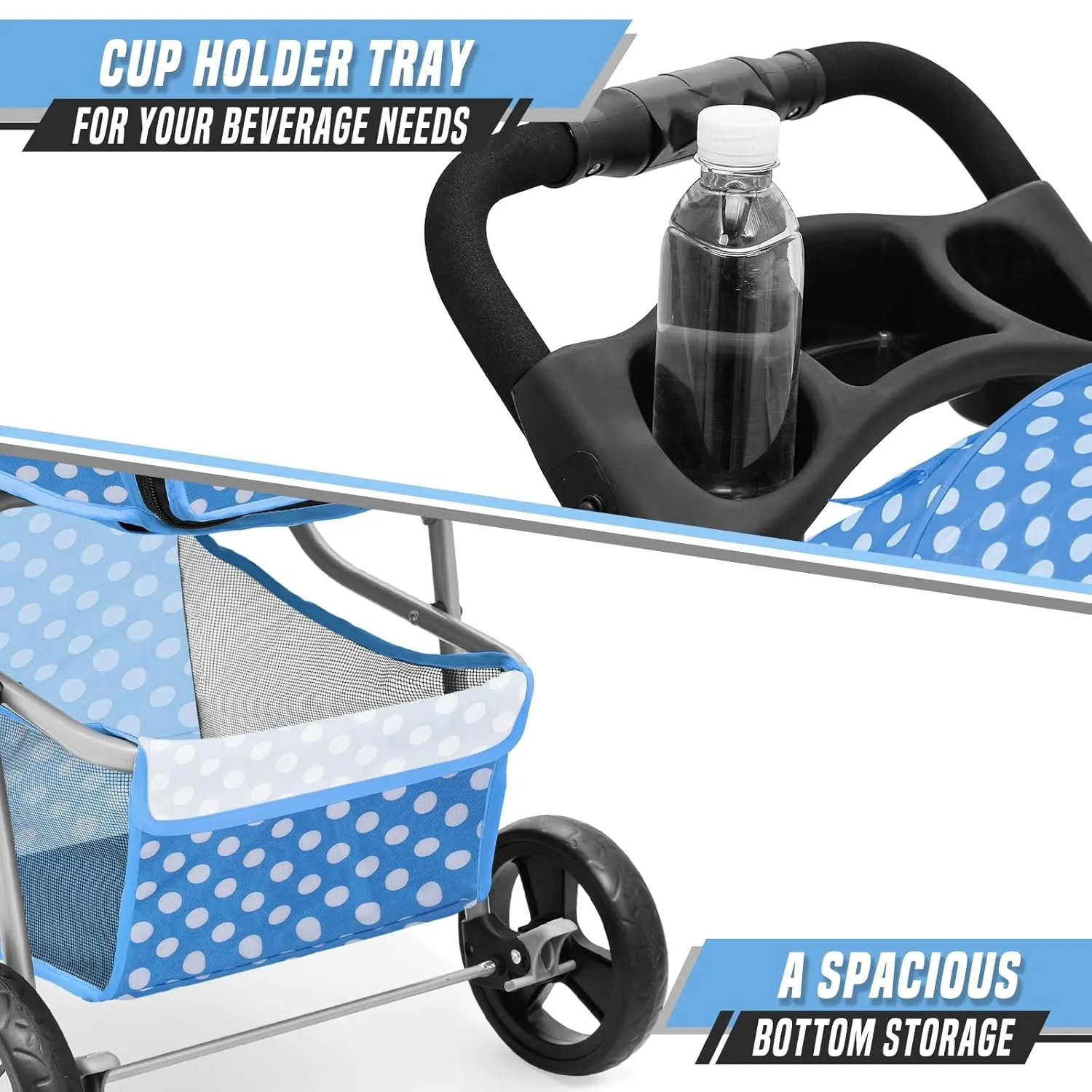 Cat Dog Stroller,3-Wheels Pet Stroller for Medium/Puppy Dogs 30 Lbs, Cat Strollers for 1 Cats, Foldable Dog Stroller with Storage Basket and Cup Holder, Breathable Mesh Blue Polka Dots