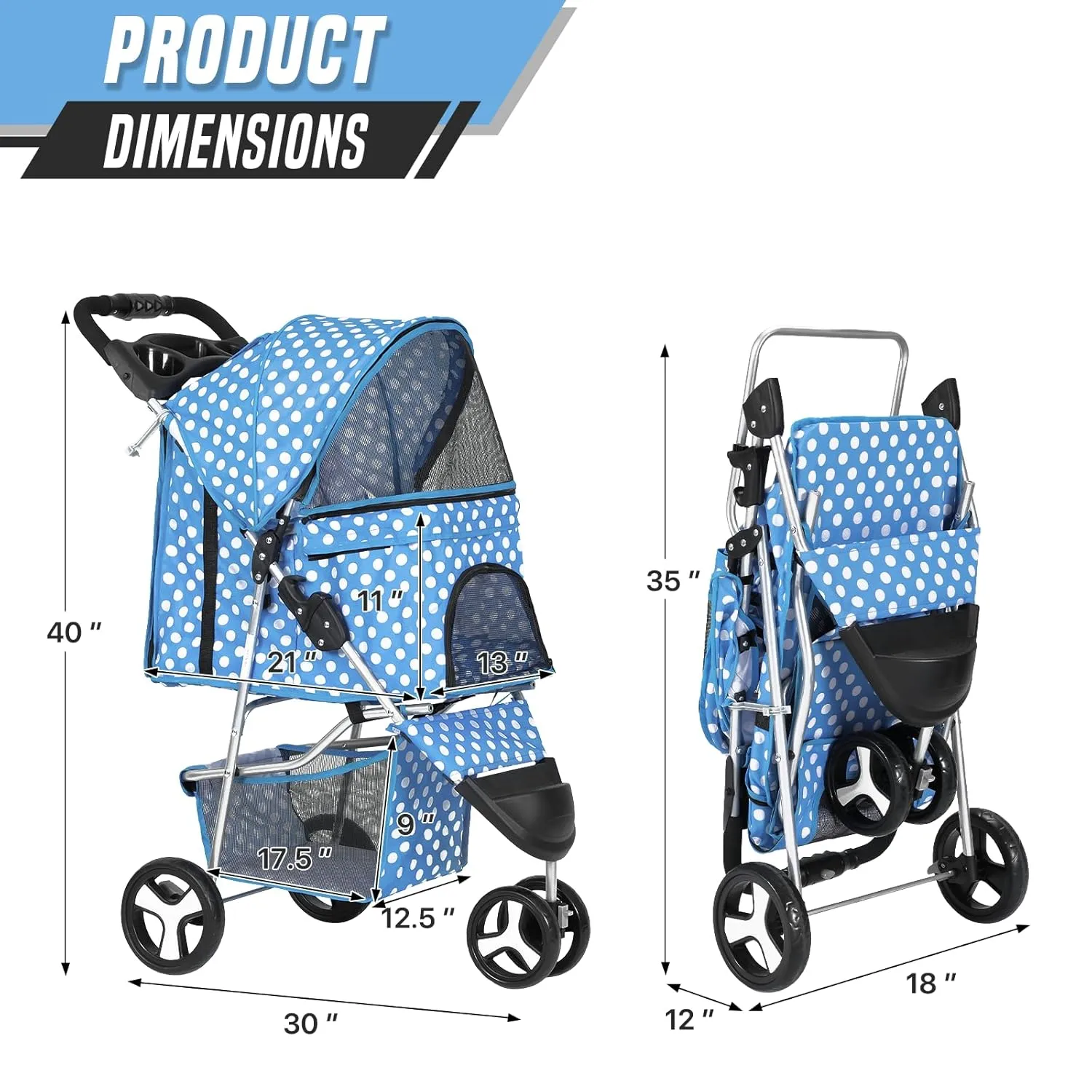 Cat Dog Stroller,3-Wheels Pet Stroller for Medium/Puppy Dogs 30 Lbs, Cat Strollers for 1 Cats, Foldable Dog Stroller with Storage Basket and Cup Holder, Breathable Mesh Blue Polka Dots
