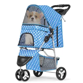 Cat Dog Stroller,3-Wheels Pet Stroller for Medium/Puppy Dogs 30 Lbs, Cat Strollers for 1 Cats, Foldable Dog Stroller with Storage Basket and Cup Holder, Breathable Mesh Blue Polka Dots