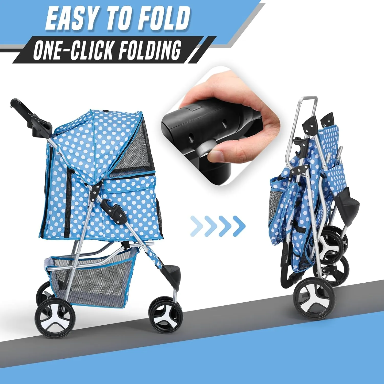 Cat Dog Stroller,3-Wheels Pet Stroller for Medium/Puppy Dogs 30 Lbs, Cat Strollers for 1 Cats, Foldable Dog Stroller with Storage Basket and Cup Holder, Breathable Mesh Blue Polka Dots