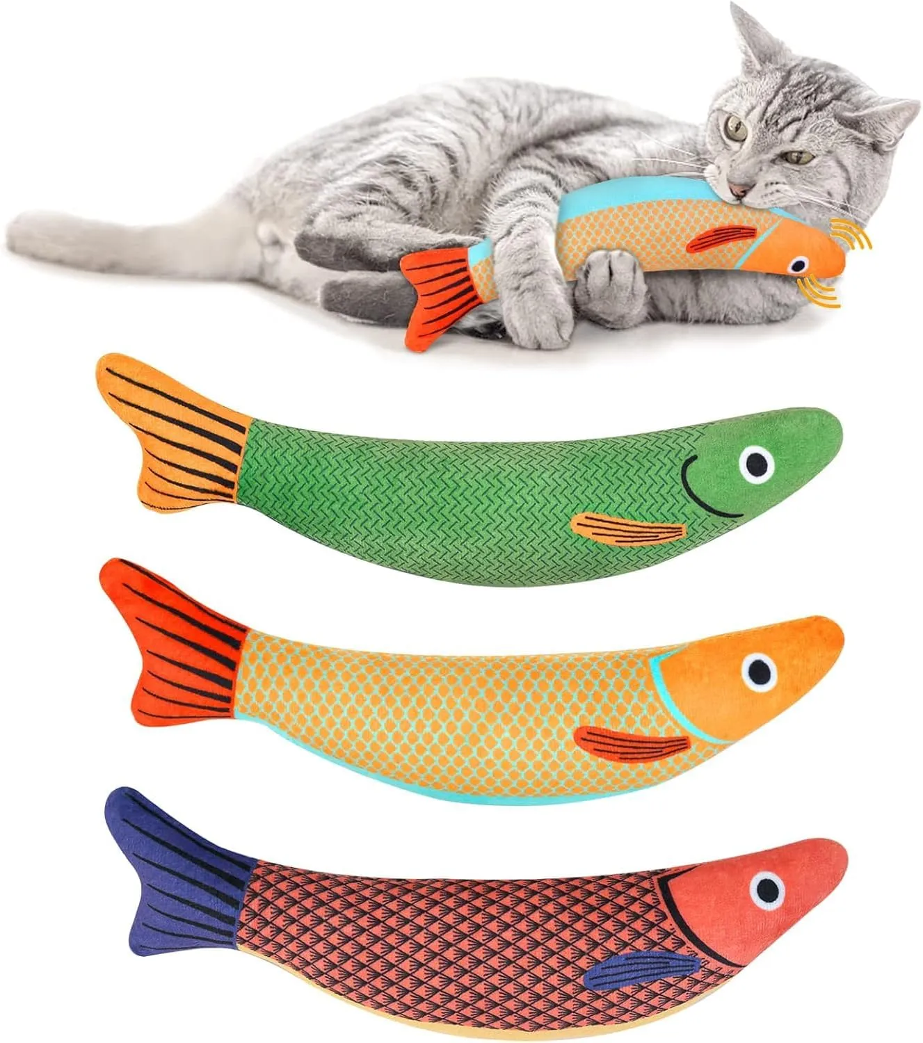 Cat Toys Saury Fish, 3 Pack Catnip Toys Bell Inside Soft and Durable, Interactive Cat Kicker Toys for Indoor Kitten Exercise 9.05 Inches for All Breeds