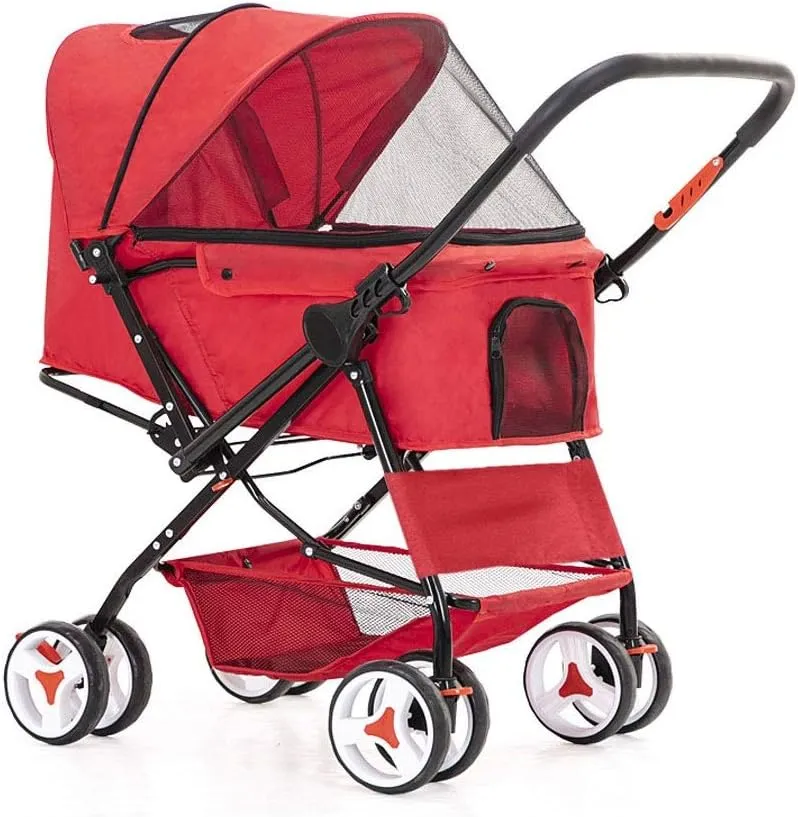 Cat/Dog Stroller Cheap Easy One-Hand Fold, 4 Wheel Dog Strollers for Medium Small Dogs Clearance, Reversible Push Handle Pet Stroller Puppy & Kitten Carrier Extended Cockpit 25in (Color : Red)