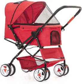 Cat/Dog Stroller Cheap Easy One-Hand Fold, 4 Wheel Dog Strollers for Medium Small Dogs Clearance, Reversible Push Handle Pet Stroller Puppy & Kitten Carrier Extended Cockpit 25in (Color : Red)