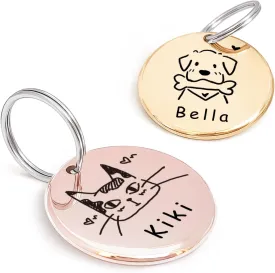 Cats Dogs Original Portrait Design for Cat Dog ID Tags  Stainless Steel Deep Engraving Customized Dog Collar Accessories (Round)