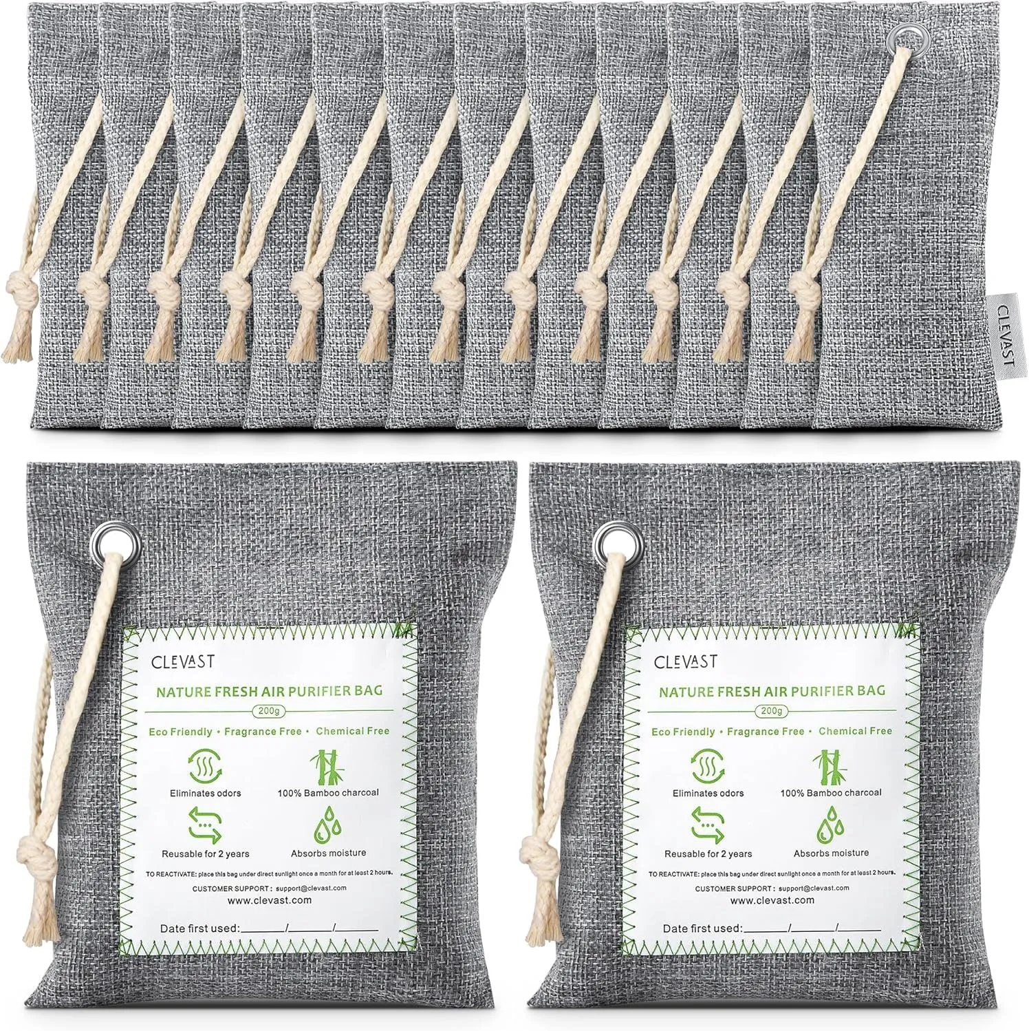 CLEVAST 14 Pack Activated Bamboo Charcoal Air Purifying Bags(2x200g, 12x50g), Natural Fresh Odor Absorber, Deodorizer and Moisture Eliminator, Air Purifier Bags for Home