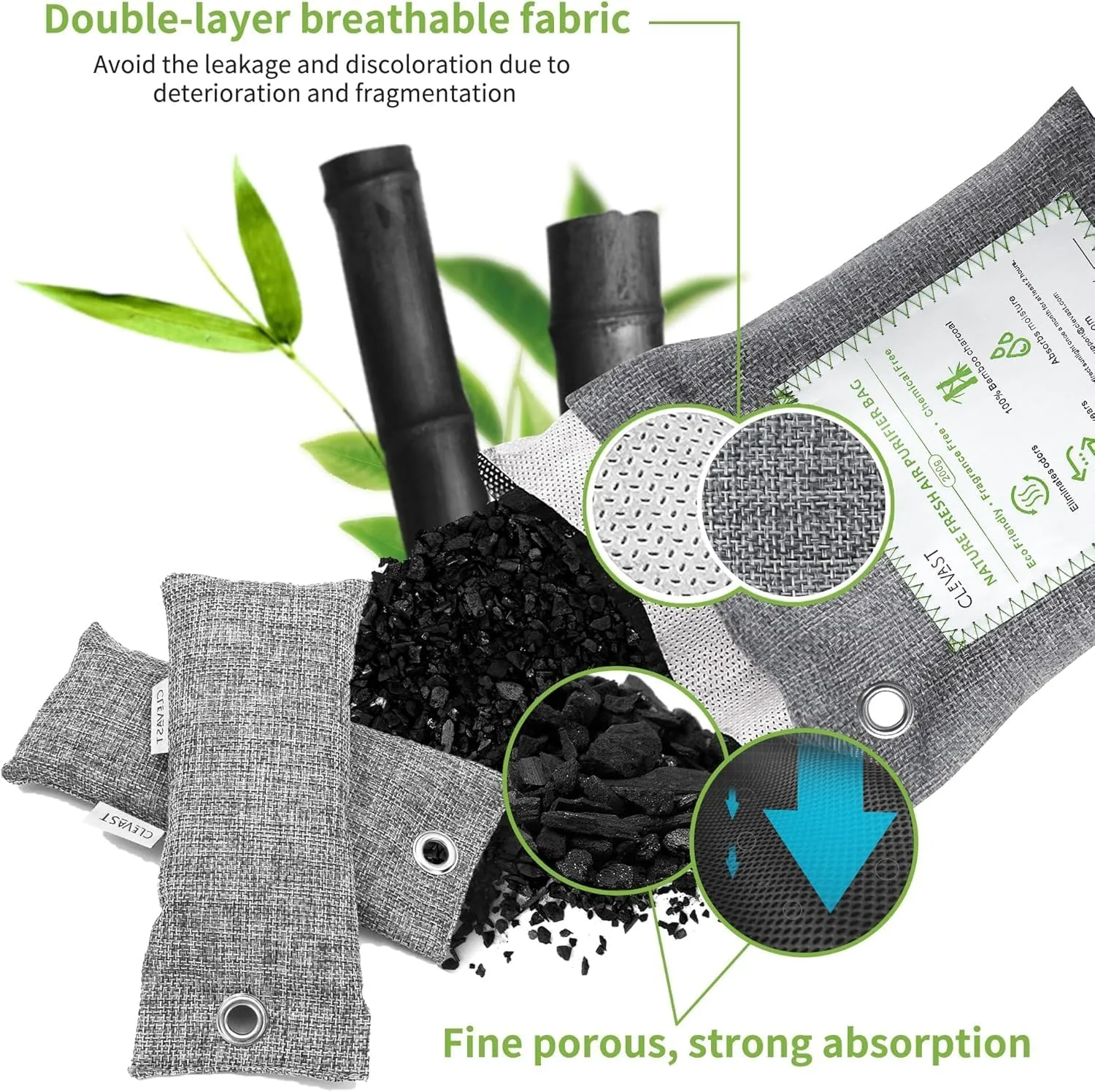 CLEVAST 14 Pack Activated Bamboo Charcoal Air Purifying Bags(2x200g, 12x50g), Natural Fresh Odor Absorber, Deodorizer and Moisture Eliminator, Air Purifier Bags for Home