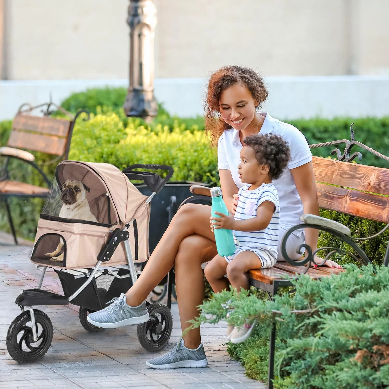 Critter Sitters 3-Wheel Jogging Dog Stroller with Storage Basket and Cup Holders, Modern and Stylish Pet Stroller for Medium to Large Pets up to 55 Pounds, Tan