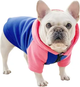 Dog Fleece Sweater Frenchie Clothes French Bulldog Sweater, Frenchie Dog Hoodie Sweatshirt Halloween Costume Winter Coat for Medium Dogs and Cats,Color Blocked,Pink,L