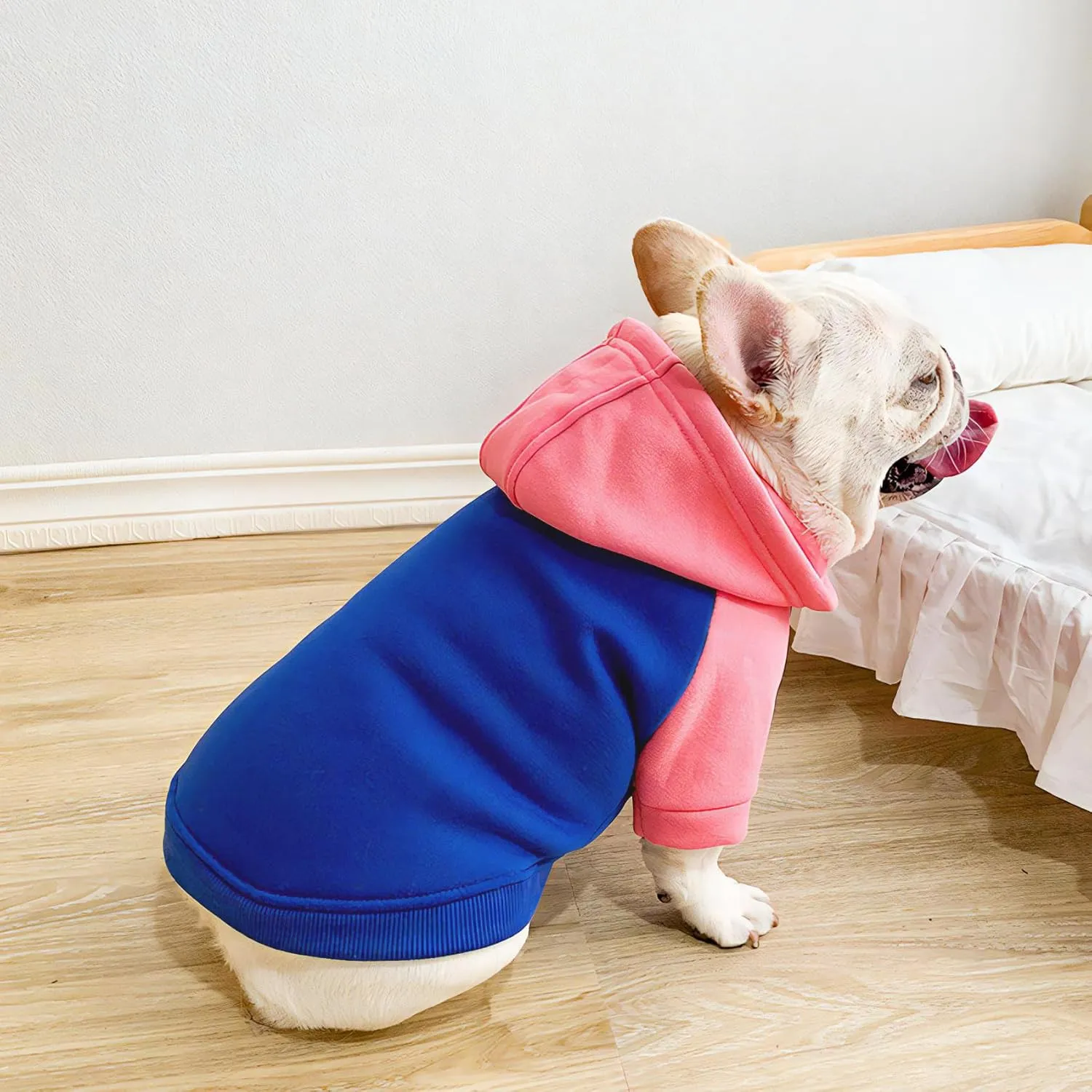 Dog Fleece Sweater Frenchie Clothes French Bulldog Sweater, Frenchie Dog Hoodie Sweatshirt Halloween Costume Winter Coat for Medium Dogs and Cats,Color Blocked,Pink,L