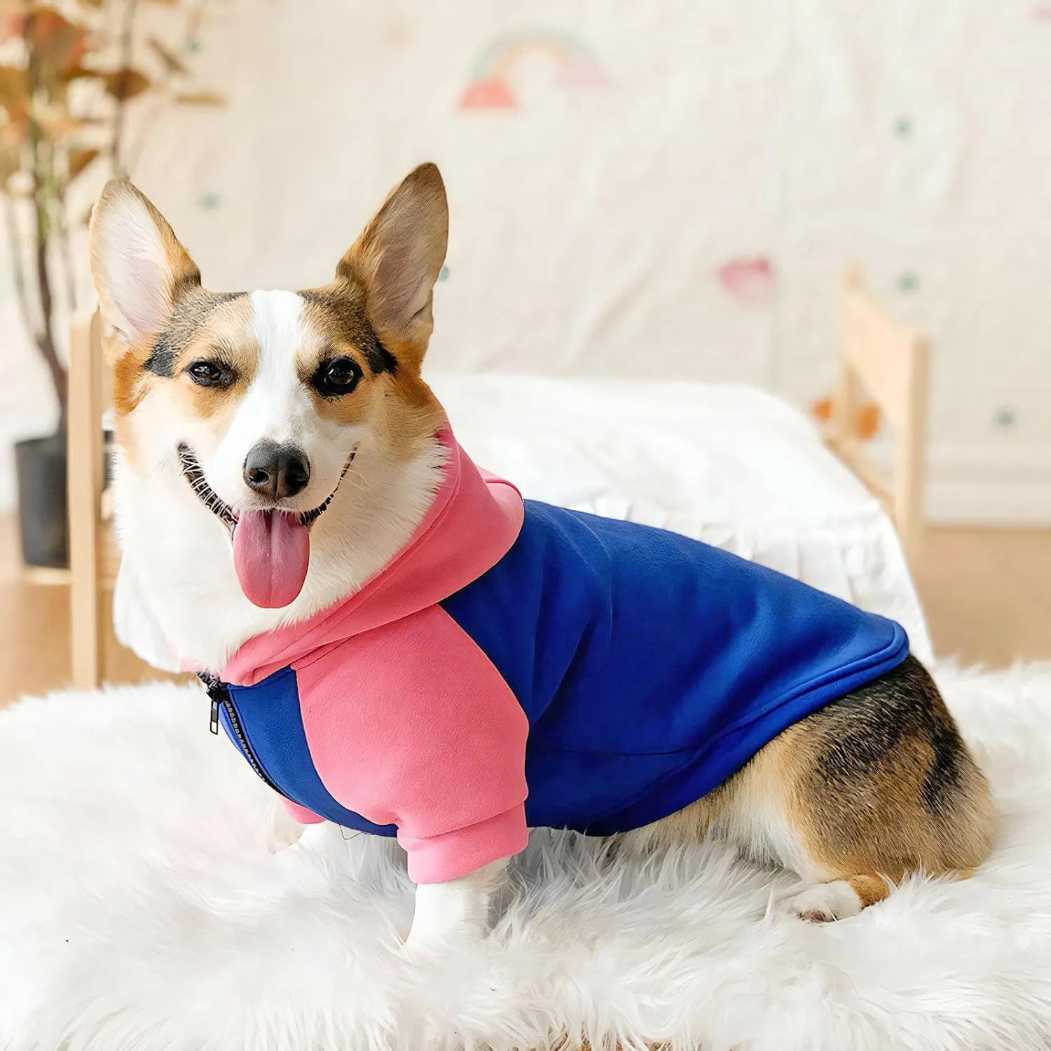 Dog Fleece Sweater Frenchie Clothes French Bulldog Sweater, Frenchie Dog Hoodie Sweatshirt Halloween Costume Winter Coat for Medium Dogs and Cats,Color Blocked,Pink,L