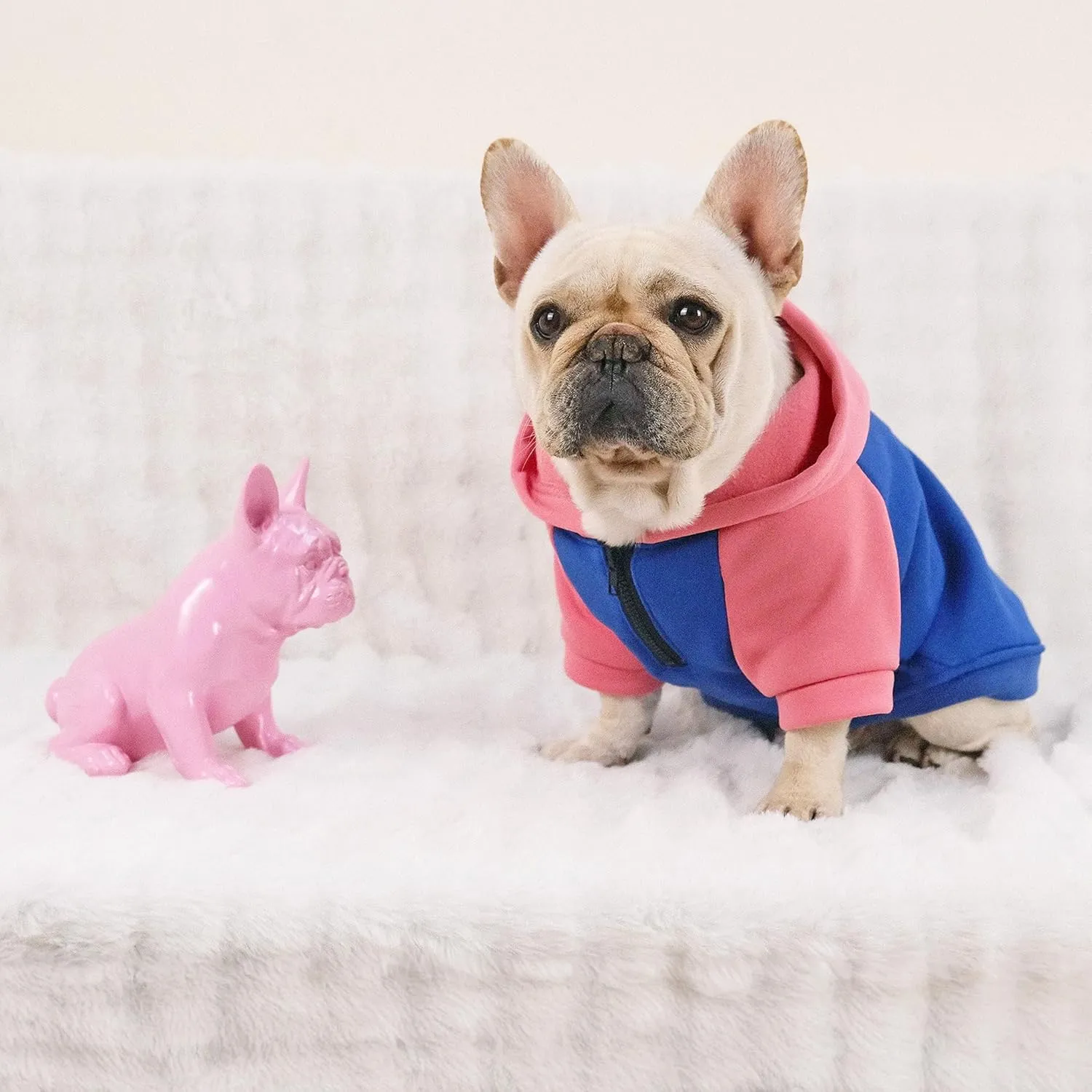 Dog Fleece Sweater Frenchie Clothes French Bulldog Sweater, Frenchie Dog Hoodie Sweatshirt Halloween Costume Winter Coat for Medium Dogs and Cats,Color Blocked,Pink,L