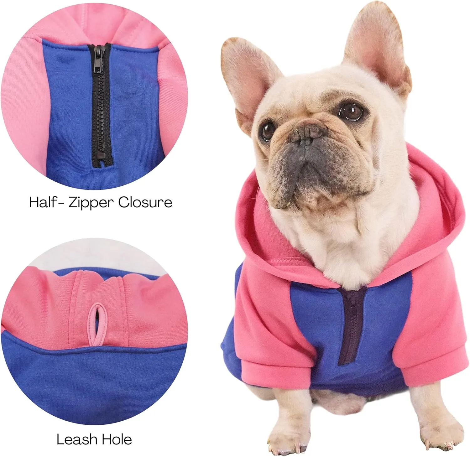 Dog Fleece Sweater Frenchie Clothes French Bulldog Sweater, Frenchie Dog Hoodie Sweatshirt Halloween Costume Winter Coat for Medium Dogs and Cats,Color Blocked,Pink,L