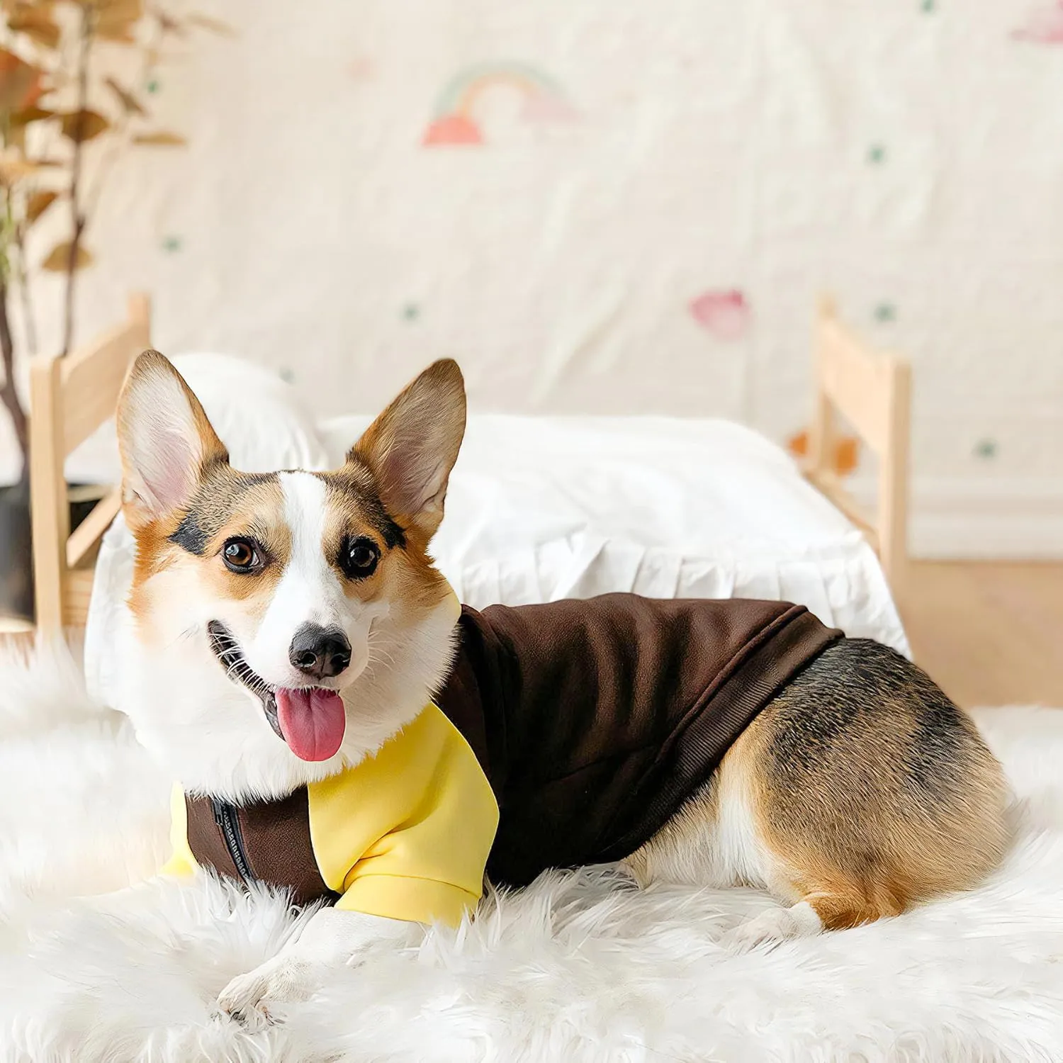 Dog Fleece Sweater Frenchie Clothes French Bulldog Sweater, Frenchie Dog Hoodie Sweatshirt Halloween Costume Winter Coat for Medium Dogs and Cats,Color Blocked,Yellow, L