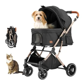 EchoSmile 4-Wheel Pet Stroller for Small & Medium Dogs & Cats (50lbs) - One-Touch Foldable Design, Reversible Handle, Shock-Absorbing Wheels, Includes Removable Washable Pad & Storage Basket, Black