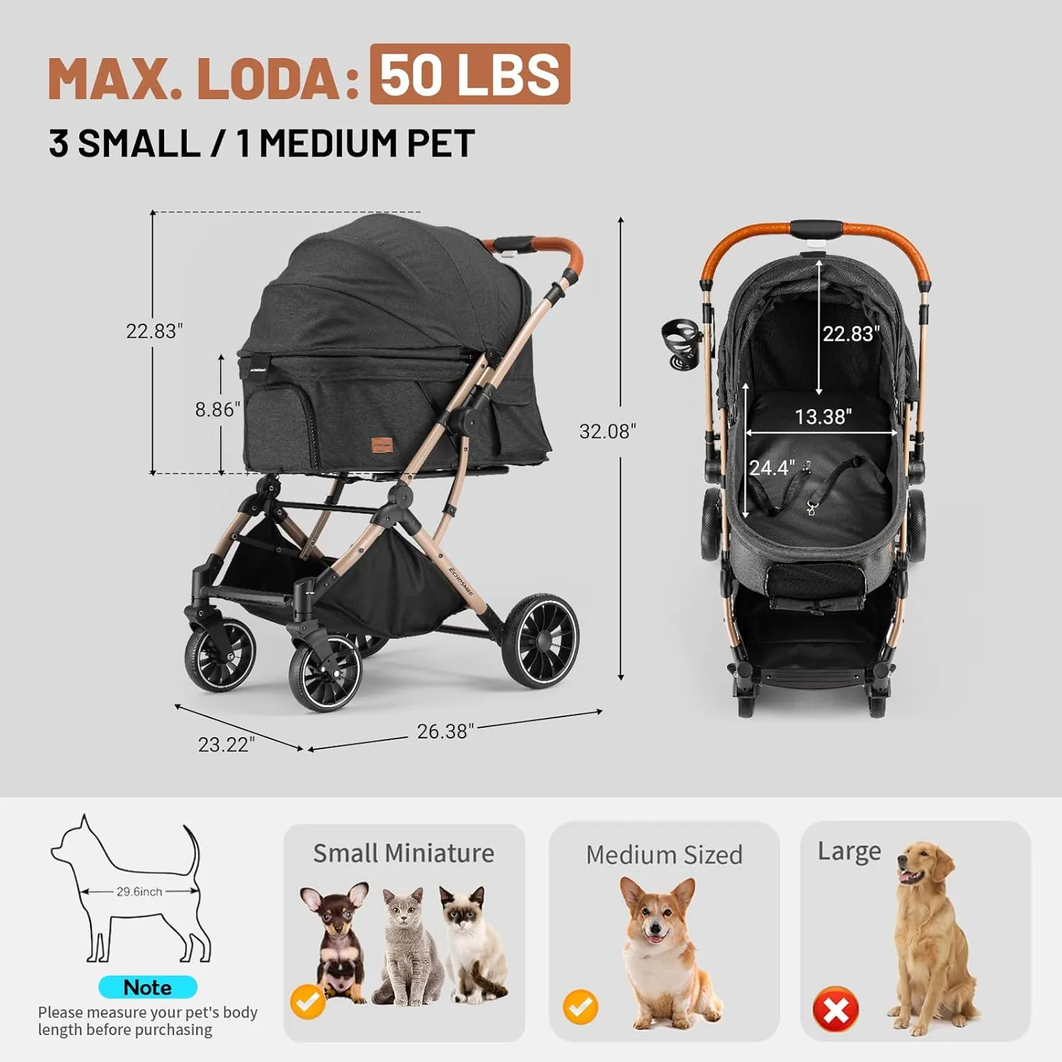 EchoSmile 4-Wheel Pet Stroller for Small & Medium Dogs & Cats (50lbs) - One-Touch Foldable Design, Reversible Handle, Shock-Absorbing Wheels, Includes Removable Washable Pad & Storage Basket, Black