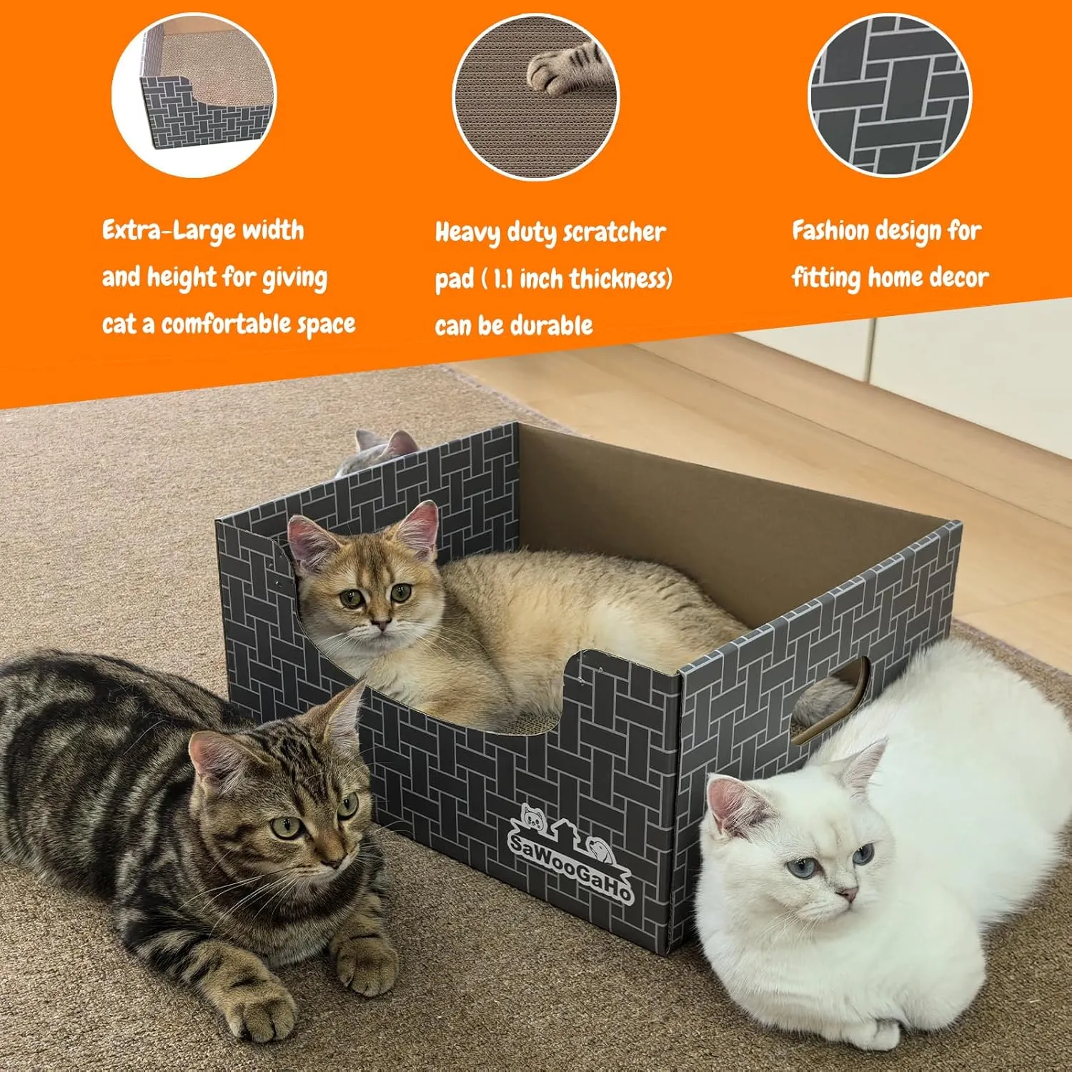 Extra Large Cat Cardboard Scratch with Box Bigger Space Double-Sided Scratching Refillable Pad Scratcher Board Window Handle Design Easy to Clean Scraps Scratched Bed for Indoor Cats (Grey)