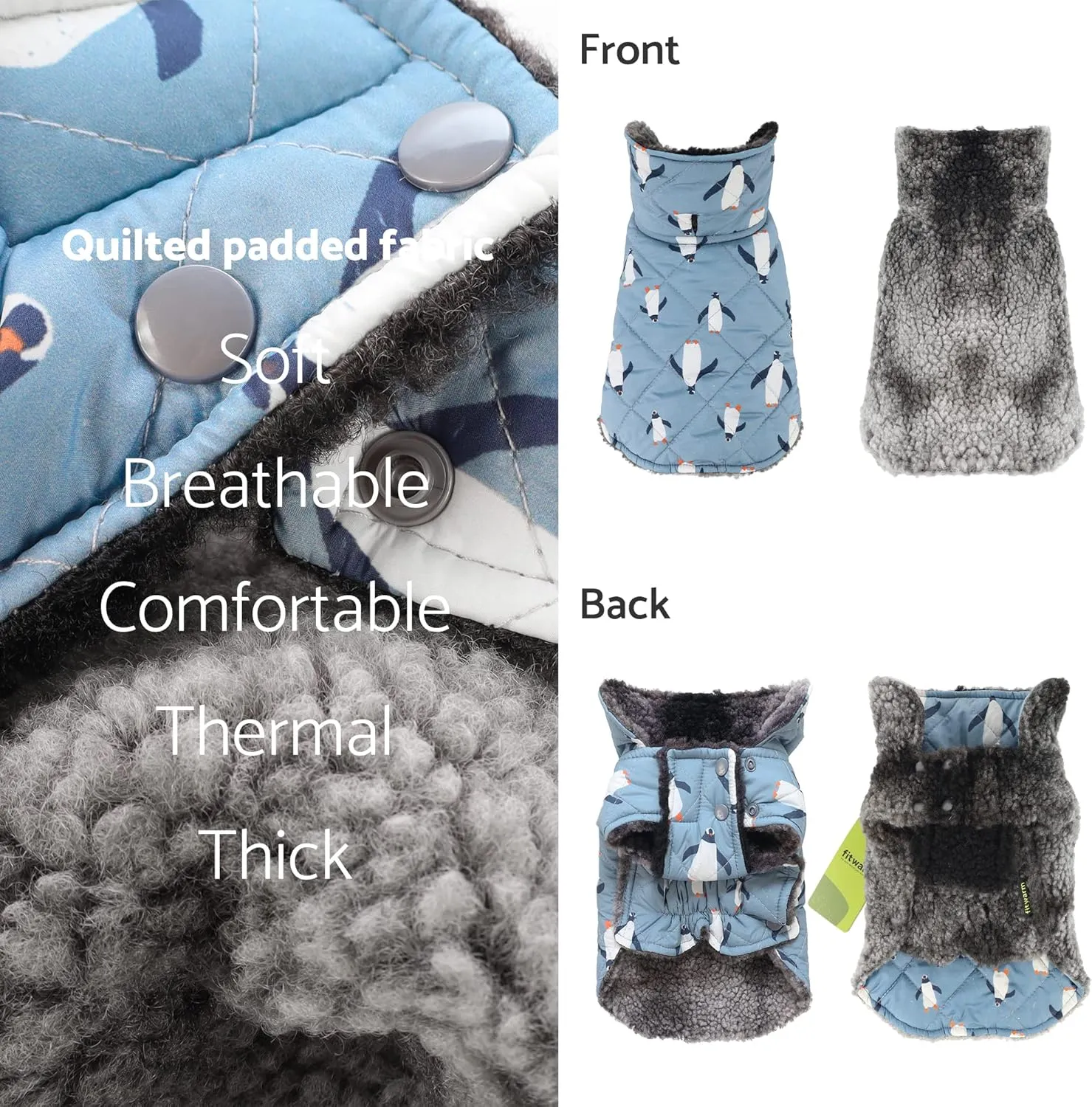 Fitwarm Reversible Penguin Dog Coat, Waterproof Thermal Pet Puffer Vest Jacket, Dog Winter Clothes for Small Dogs Boy Girl, French Bulldog Apparel, Blue, Large