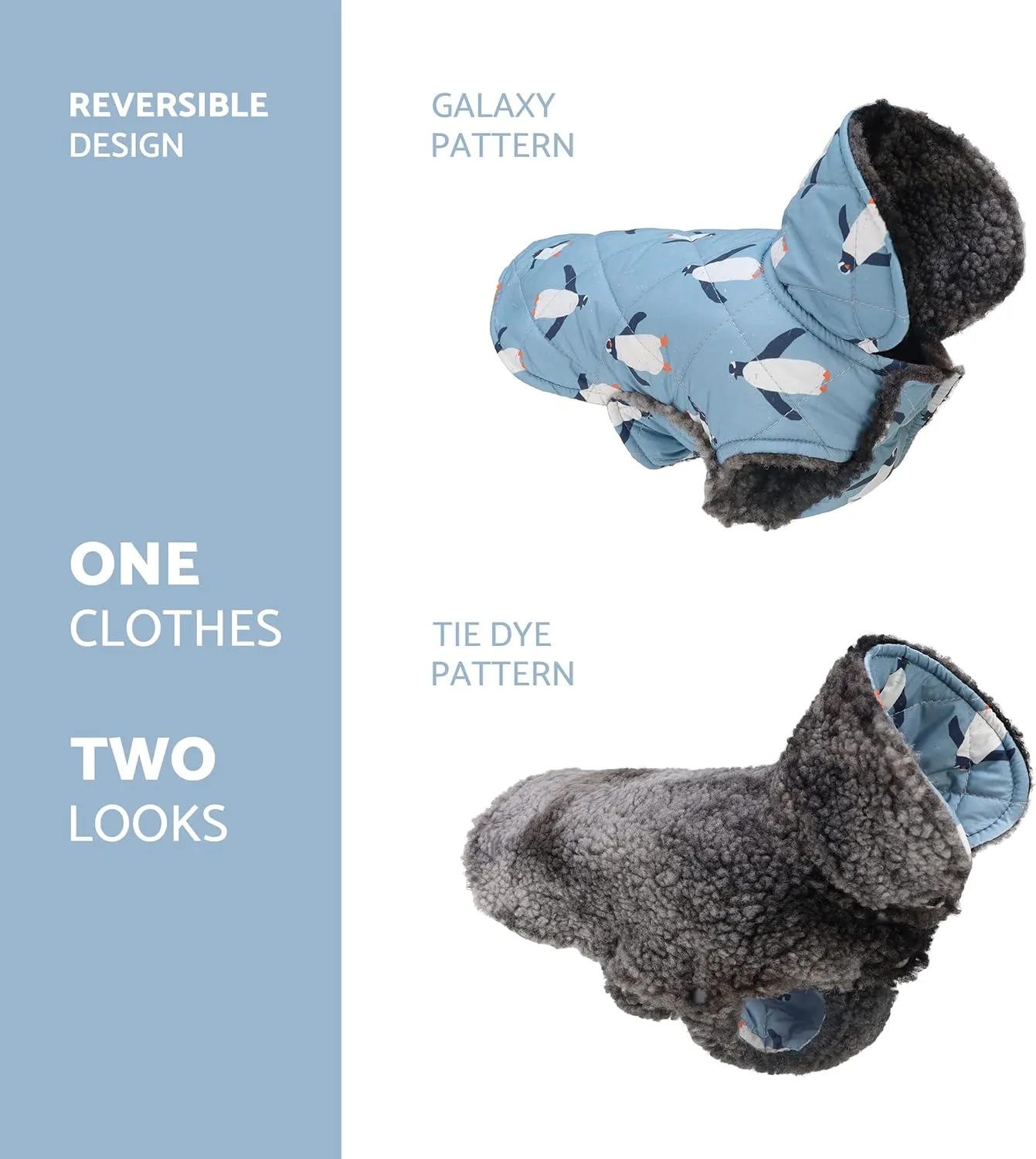 Fitwarm Reversible Penguin Dog Coat, Waterproof Thermal Pet Puffer Vest Jacket, Dog Winter Clothes for Small Dogs Boy Girl, French Bulldog Apparel, Blue, Large