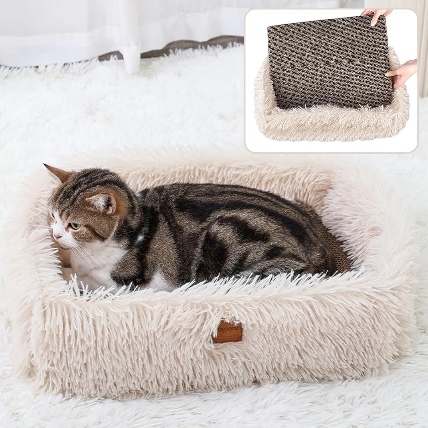 Fluffy Cat Scratcher Lounge Box with Removable Cardboard,Cat Rectangular Bed with Corrugated Board, Pet Scratching Pad for Furniture Protection, Training Toy (Beige)