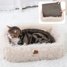Fluffy Cat Scratcher Lounge Box with Removable Cardboard,Cat Rectangular Bed with Corrugated Board, Pet Scratching Pad for Furniture Protection, Training Toy (Beige)