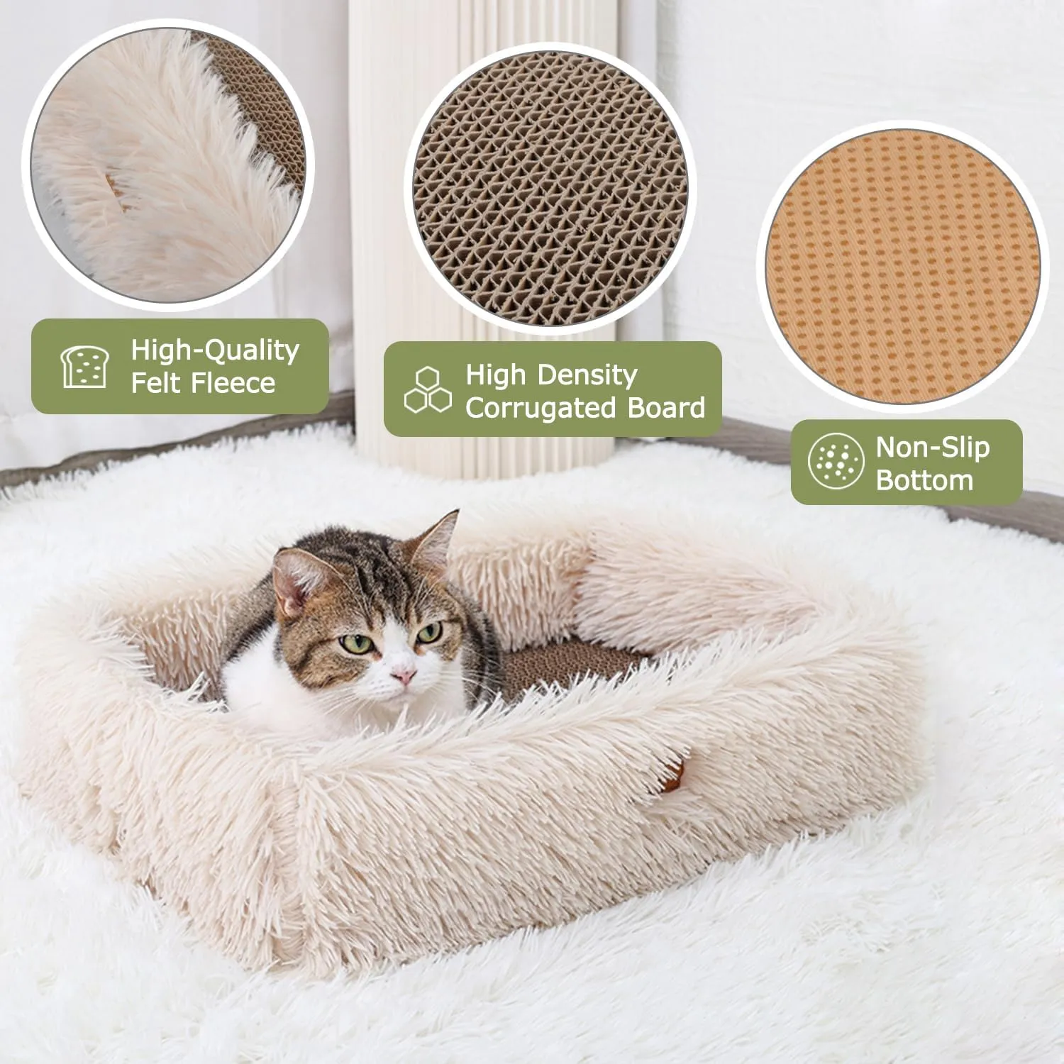 Fluffy Cat Scratcher Lounge Box with Removable Cardboard,Cat Rectangular Bed with Corrugated Board, Pet Scratching Pad for Furniture Protection, Training Toy (Beige)
