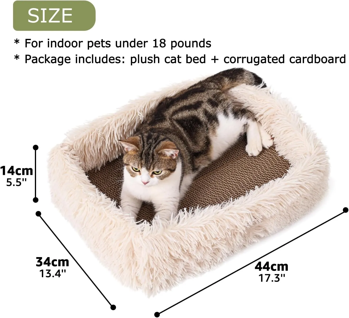 Fluffy Cat Scratcher Lounge Box with Removable Cardboard,Cat Rectangular Bed with Corrugated Board, Pet Scratching Pad for Furniture Protection, Training Toy (Beige)