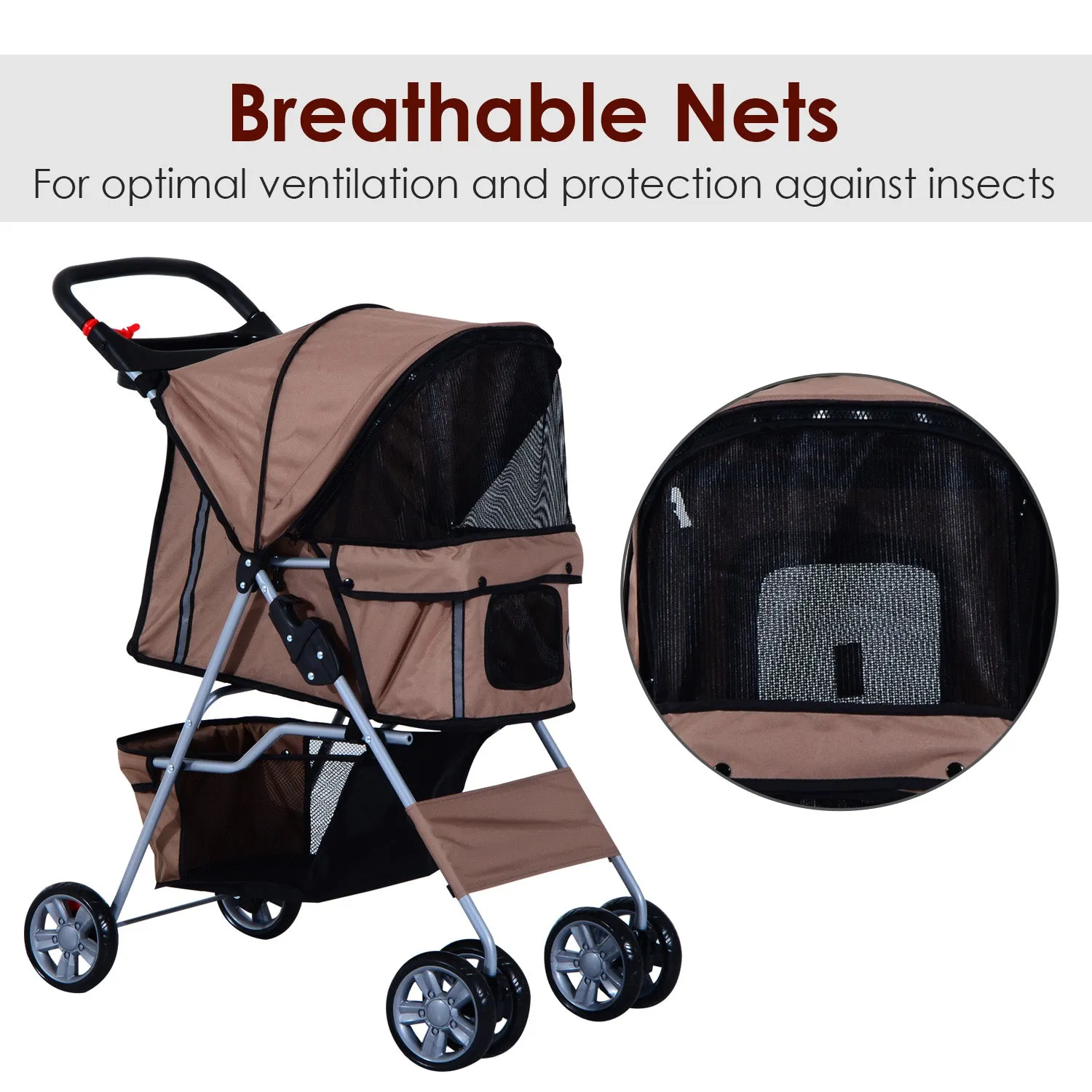 Foldable Pet Stroller, Zipper Entry-Brown/Silver