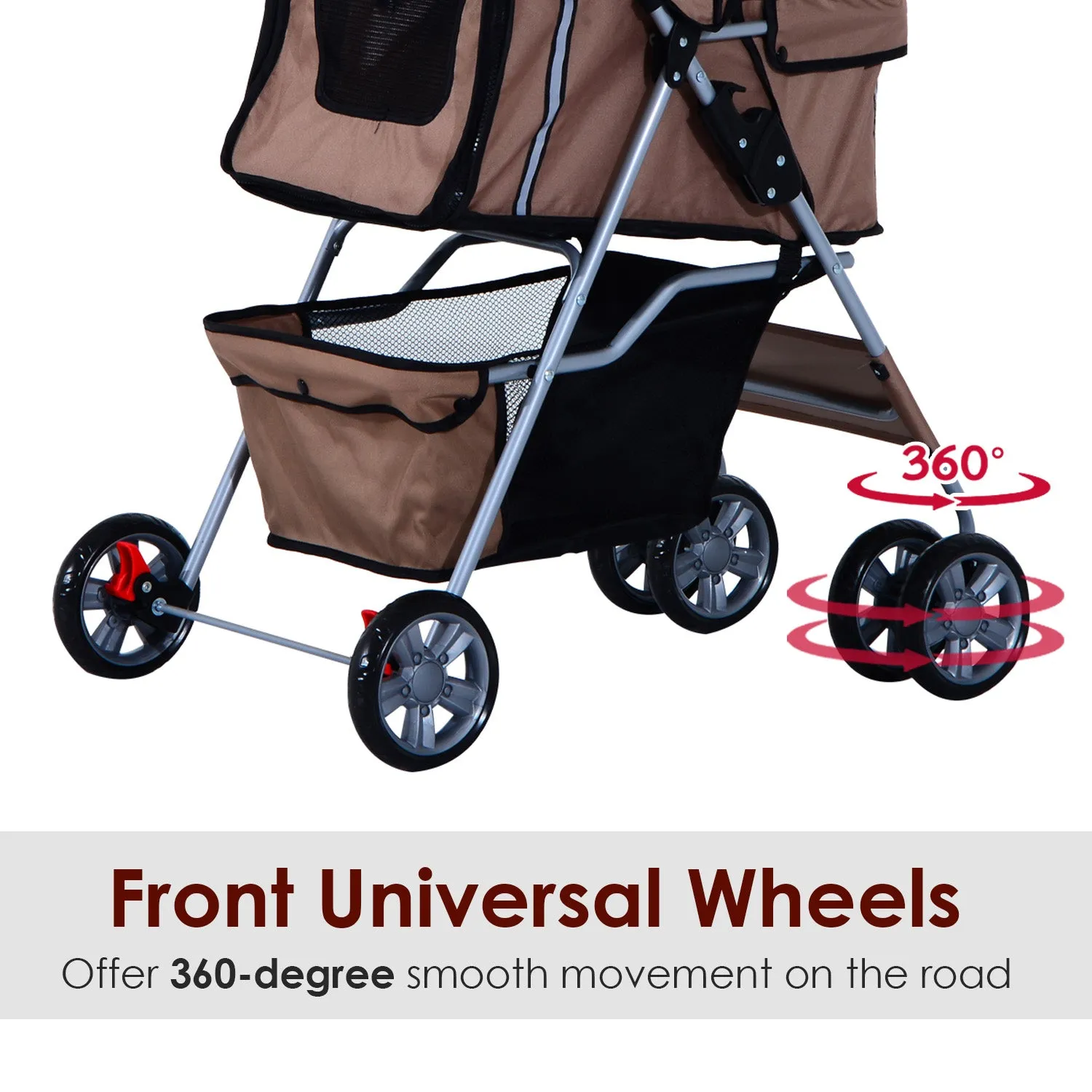 Foldable Pet Stroller, Zipper Entry-Brown/Silver