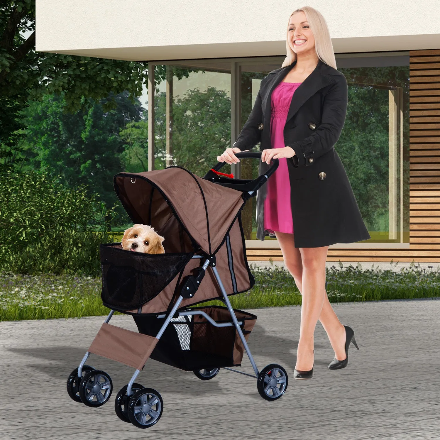 Foldable Pet Stroller, Zipper Entry-Brown/Silver