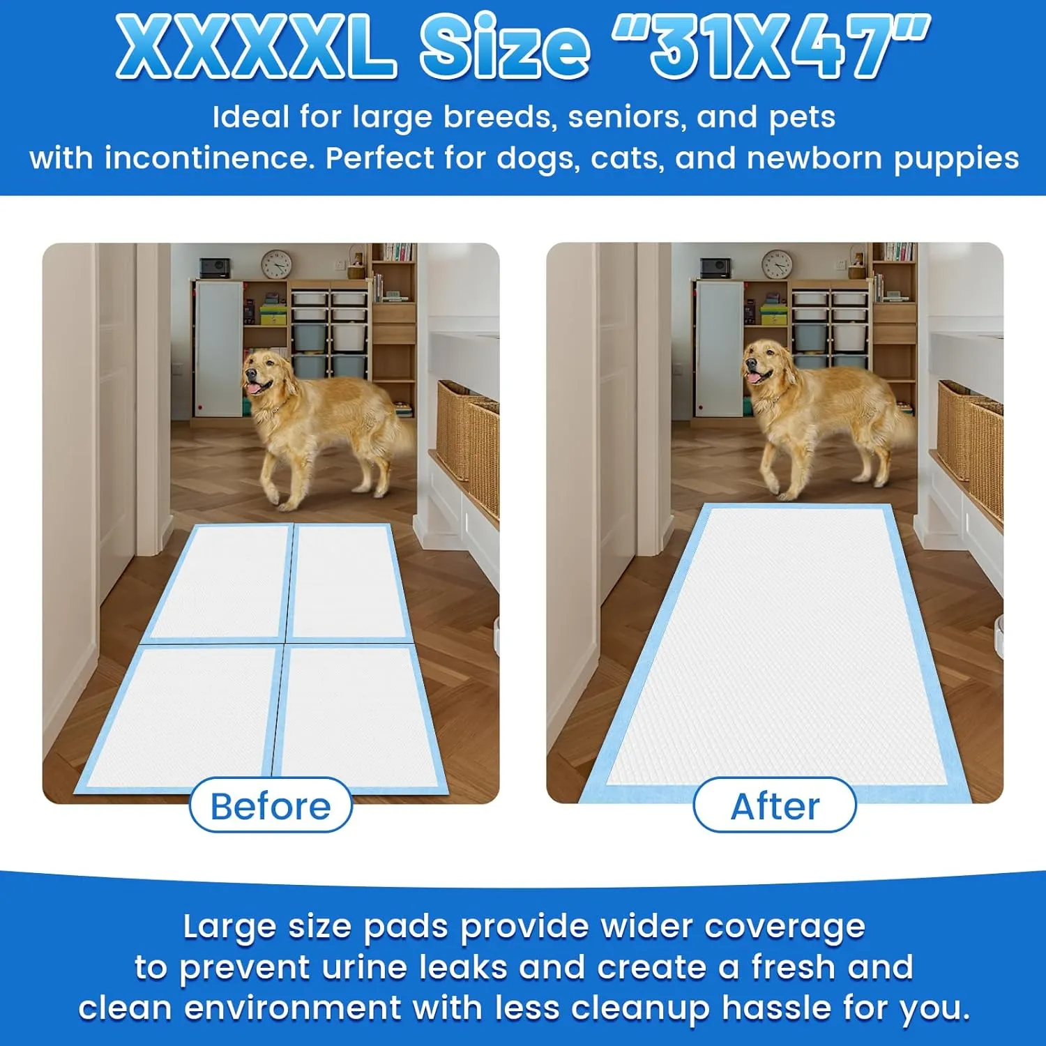 Gimars XXXL 31X47 40 Counts Thicken 6 Layers Ultra Absorbent Dog Pee Pads Extra Large Leak-Proof Odor-Control Puppy Training Pads Quick Dry Pee Pads for Dogs Cats Pets