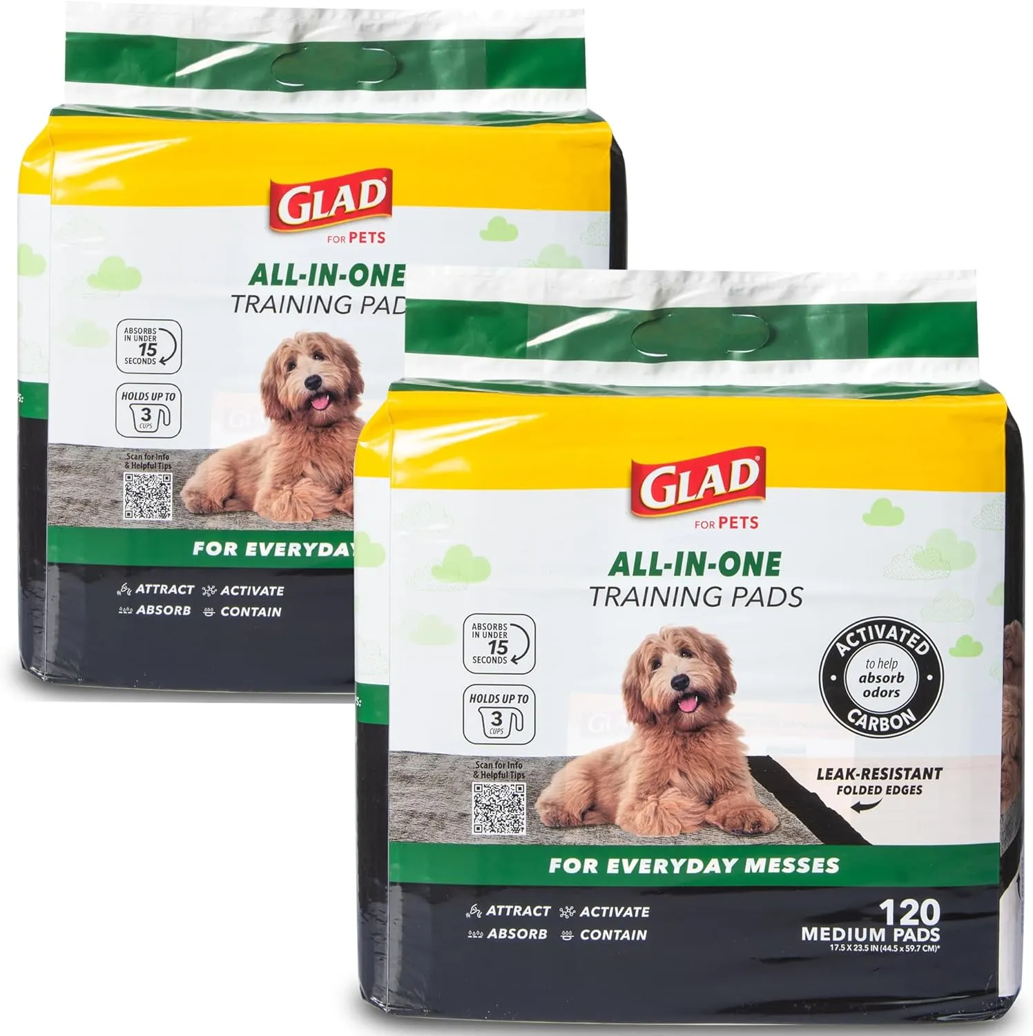 Glad for Pets Activated Charcoal Dog Training Pads, Small Size 17.5" x 23.5" Odor Absorbing, Pee Pads for Dogs Perfect for Training New Puppies, Charcoal, 120 Count (Pack of 2)