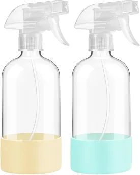 Glass Spray Bottles with Silicone Sleeve Protection, 16 oz 2 Pack, Reusable Spray Bottles with Adjustable Nozzle for Hair, Cleaning Solutions, Plants, Pale Yellow&Mint Green