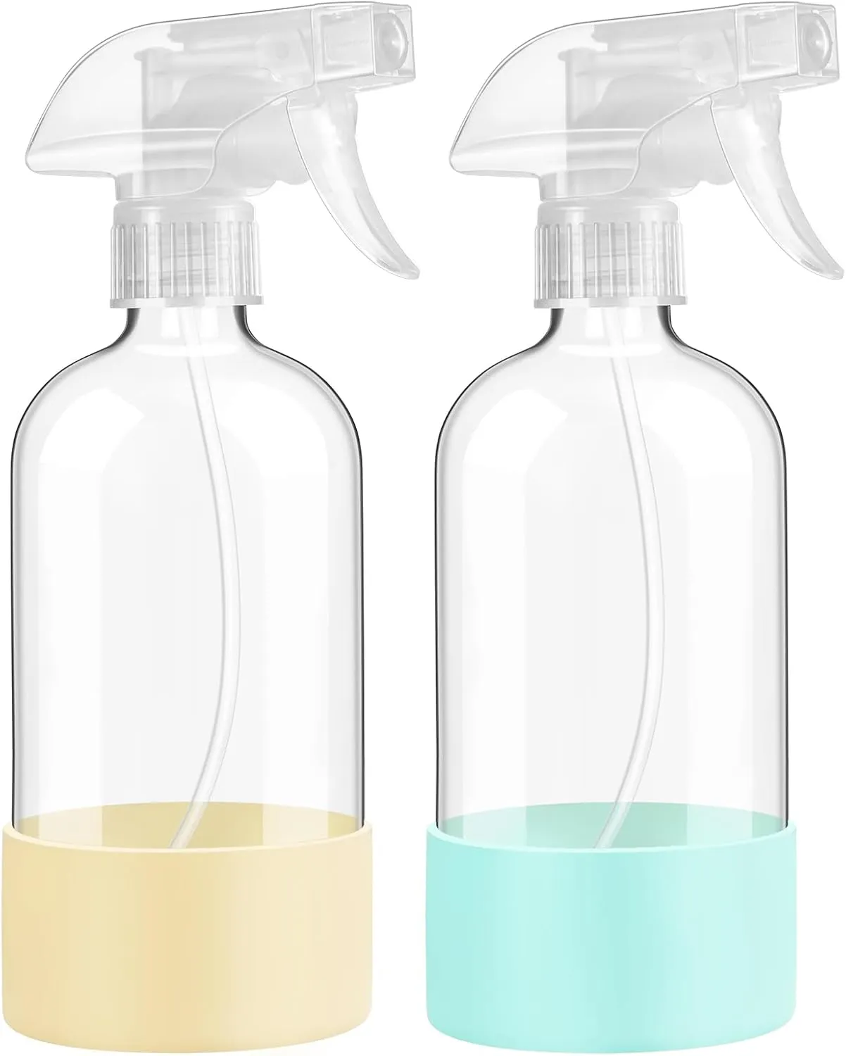 Glass Spray Bottles with Silicone Sleeve Protection, 16 oz 2 Pack, Reusable Spray Bottles with Adjustable Nozzle for Hair, Cleaning Solutions, Plants, Pale Yellow&Mint Green