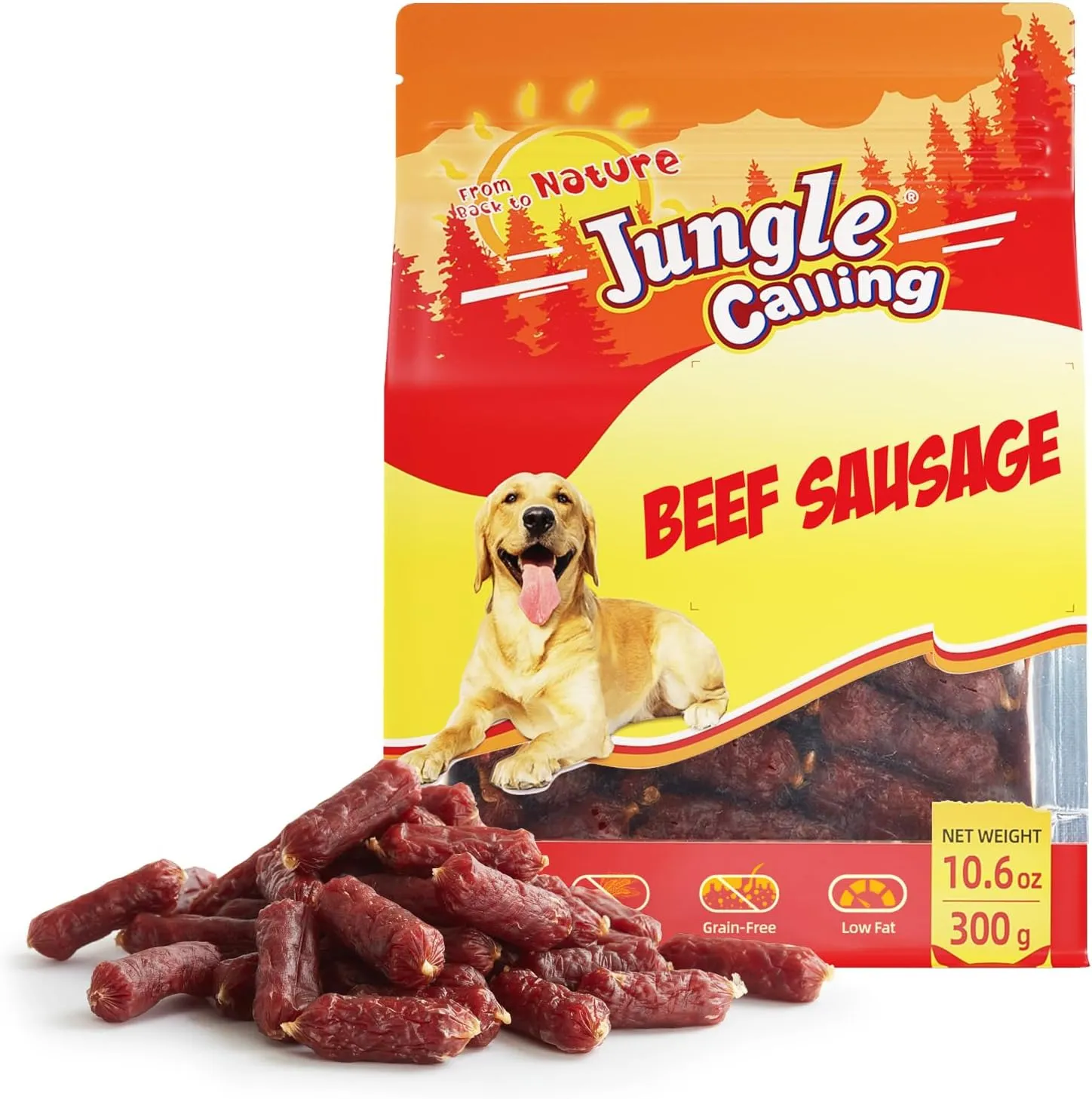 Jungle Calling Dog Treats, Beef Sausage Dog Treats, Slow Roasted Beef Jerky Dog Training Treats, Grain-Free Soft Treats for Small and Medium Dogs, 10.6 oz