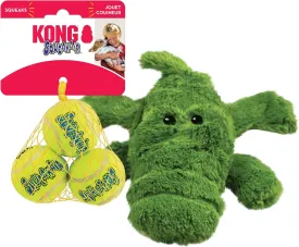 KONG Cozie Ali Alligator & SqueakAir Balls (3 Pack) - Dog Fetch & Chew Toys for Fun - Soft Toy Alligator for Indoor Play - Durable Dog Toy Balls for Outdoor Play - for Small Dogs
