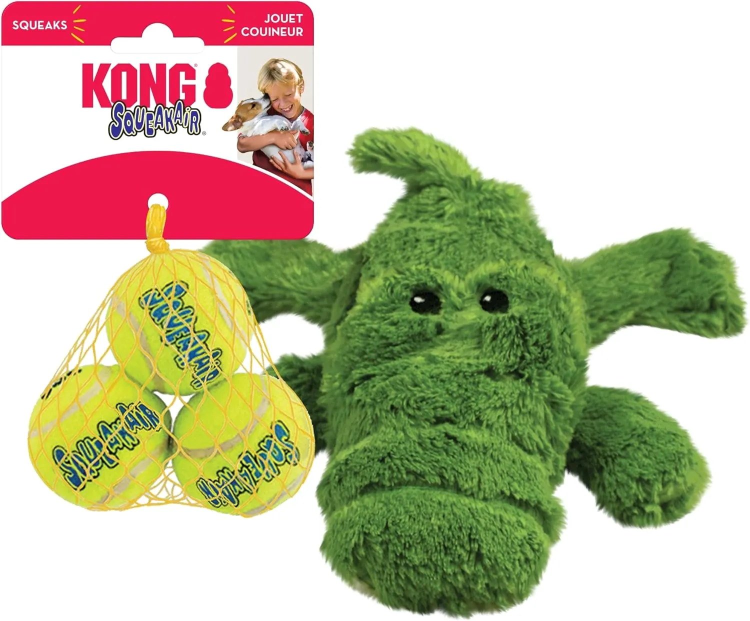 KONG Cozie Ali Alligator & SqueakAir Balls (3 Pack) - Dog Fetch & Chew Toys for Fun - Soft Toy Alligator for Indoor Play - Durable Dog Toy Balls for Outdoor Play - for Small Dogs