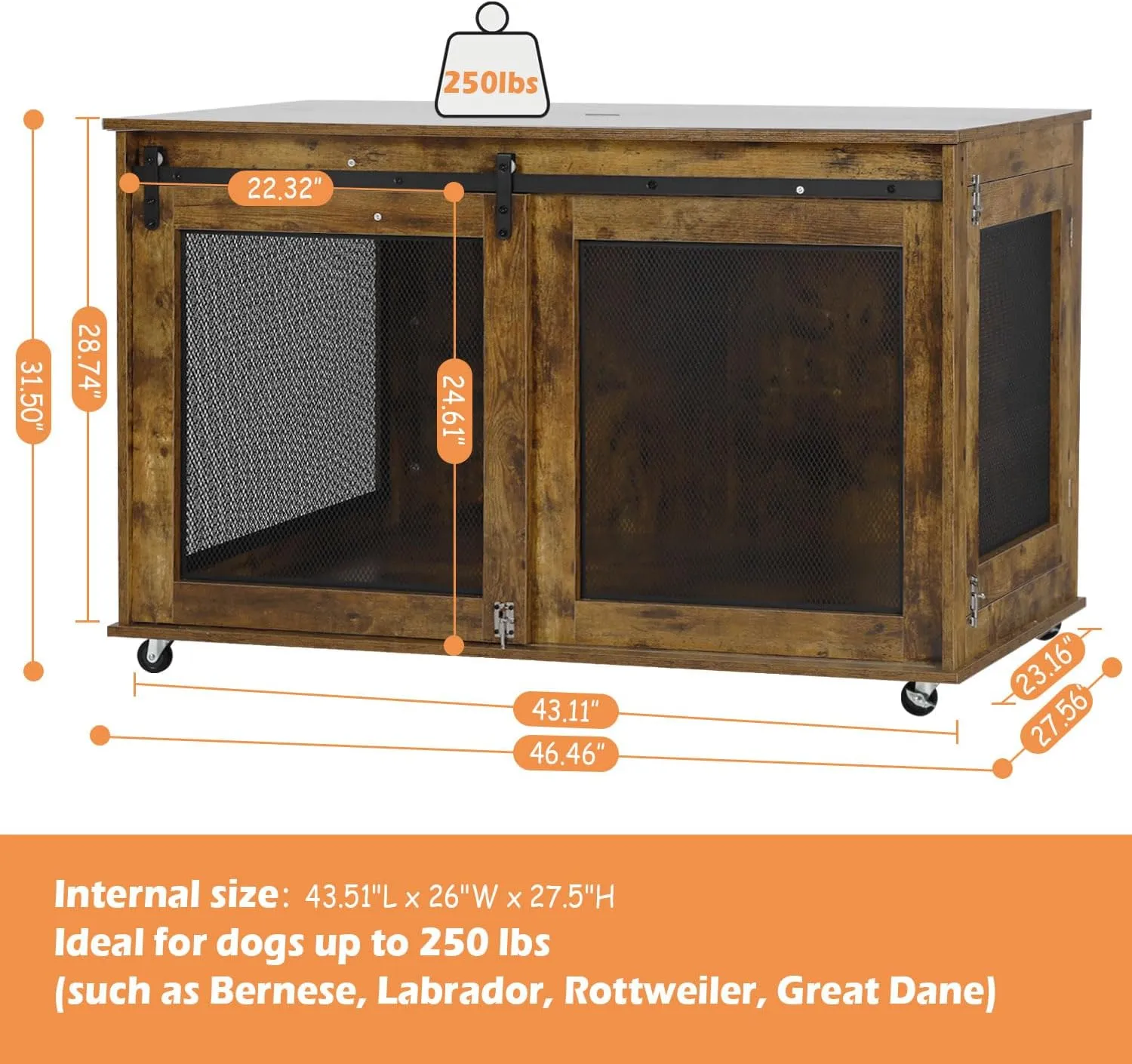 LINLUX 47 Inch Large Dog Crate Furniture, Wooden Heavy Duty XL Dog Kennel Indoor, Decorative Dog Cage Table for Large Dogs, with Sliding Doors, Wheels and Flip-top Plate, Rustic Brown