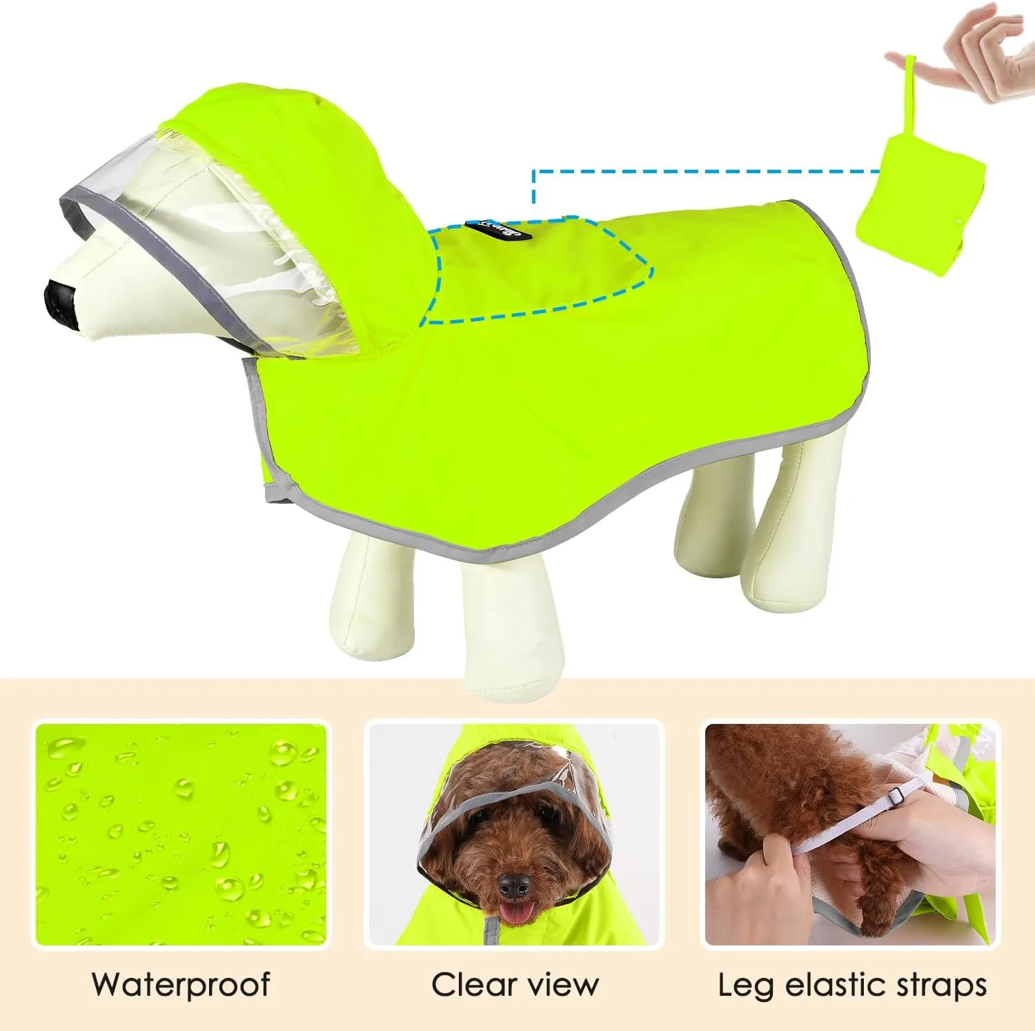 Lukovee Dog Raincoat, Adjustable Dog Rain Jacket with Clear Hooded Double Layer for Large Medium Small Dogs Puppies, Waterproof Rain Coat Poncho with Reflective Storage Pocket & Rim (Green, XS)