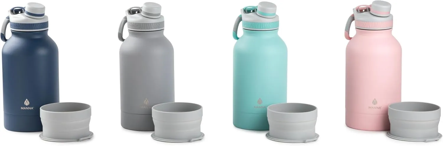 Manna Rover Double-Wall Insulated Stainless Steel Bottle with Durable Silicone Nesting Pet Bowl - 46 Oz - Navy Powder Coat