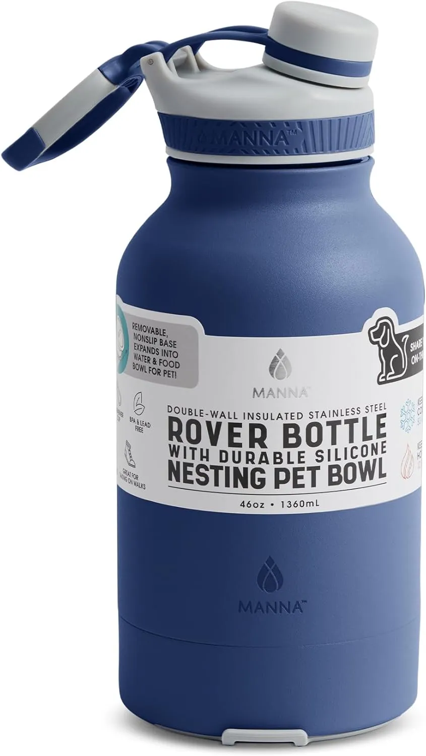 Manna Rover Double-Wall Insulated Stainless Steel Bottle with Durable Silicone Nesting Pet Bowl - 46 Oz - Navy Powder Coat