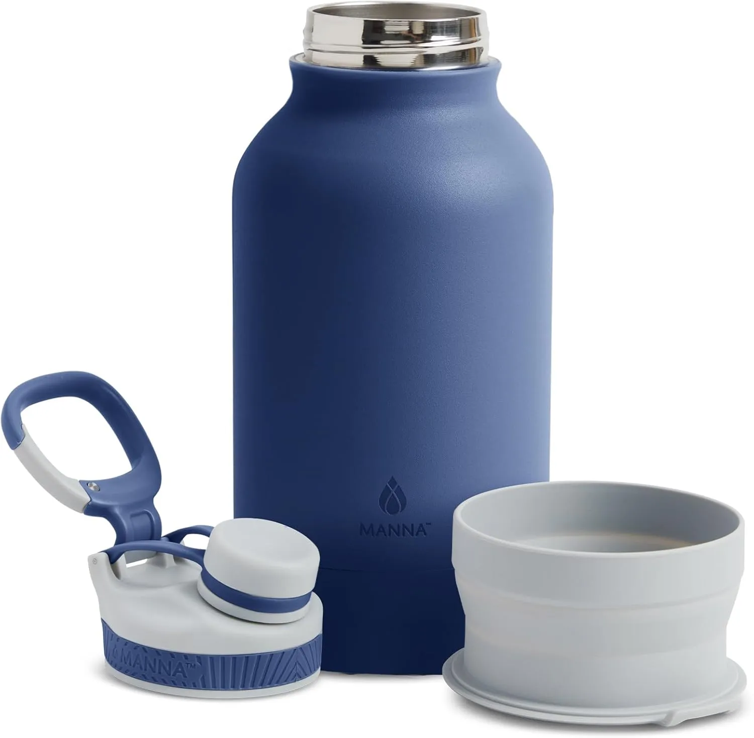 Manna Rover Double-Wall Insulated Stainless Steel Bottle with Durable Silicone Nesting Pet Bowl - 46 Oz - Navy Powder Coat