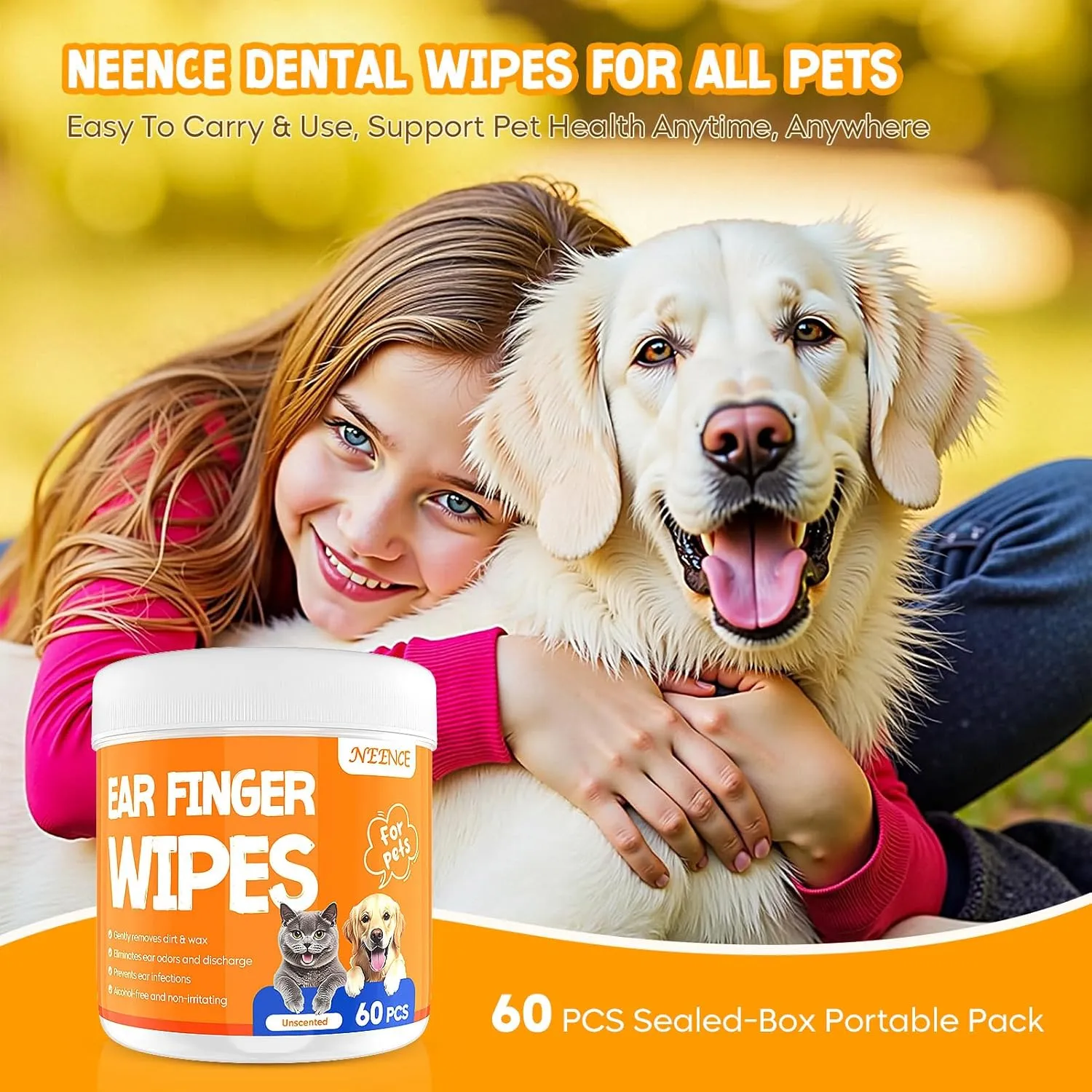 NEENCE Ear Finger Wipes for Dogs & Cats,Dog Ear Cleaner Finger Wipes, Soothing Cleansing Deodorizing Ear Care Wipes for Cat and Dog, Effectively Remove Ear Wax for Dogs & Cats(60 Pcs, Unscented)